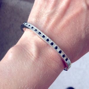 SWAROVSKI Bracelet Crystals Black White Silver Tone Hinge Oval Bangle Signed